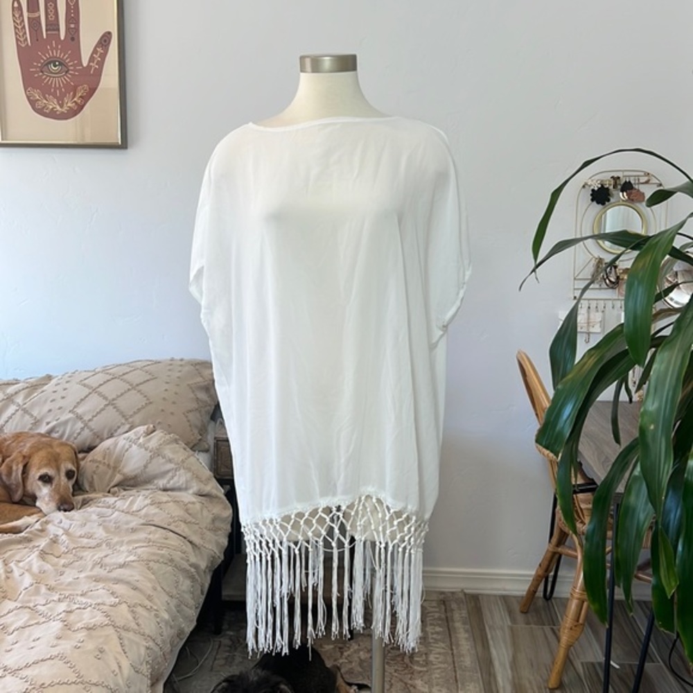 White swim cover-up, fringe hem, chiffon, sheer